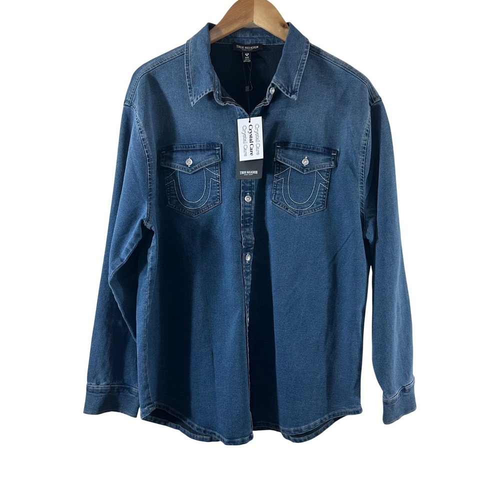 True Religion Womens‎ Oversized Denim Crystal LS Shirt Medium Wintry Wash M